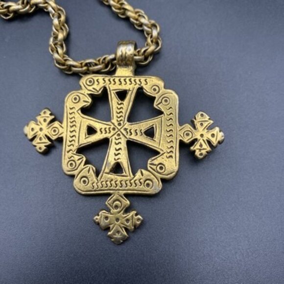 Vintage Ethiopian Coptic Cross Pendant Necklace Reversible Gold Tone 24" - Picture 5 of 9